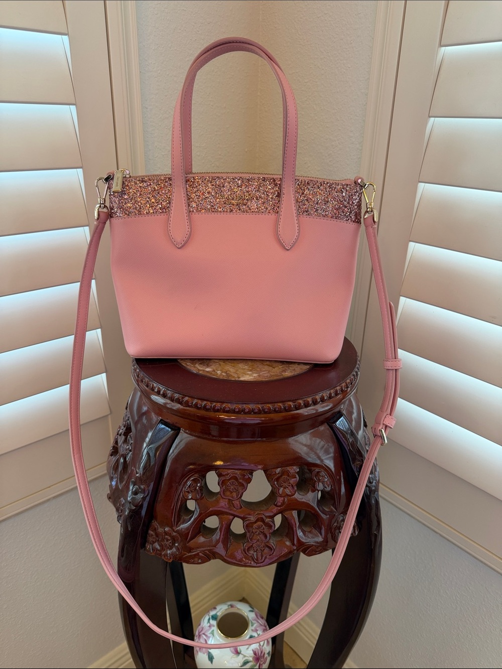 Kate Spade Pink Glitter Mixed In Tote Bag Authentic Crossbody Top Zipper - Picture 3 of 11